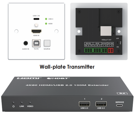 HDMI/USB-C 2x1 HDbaseT Wall Plate Extender